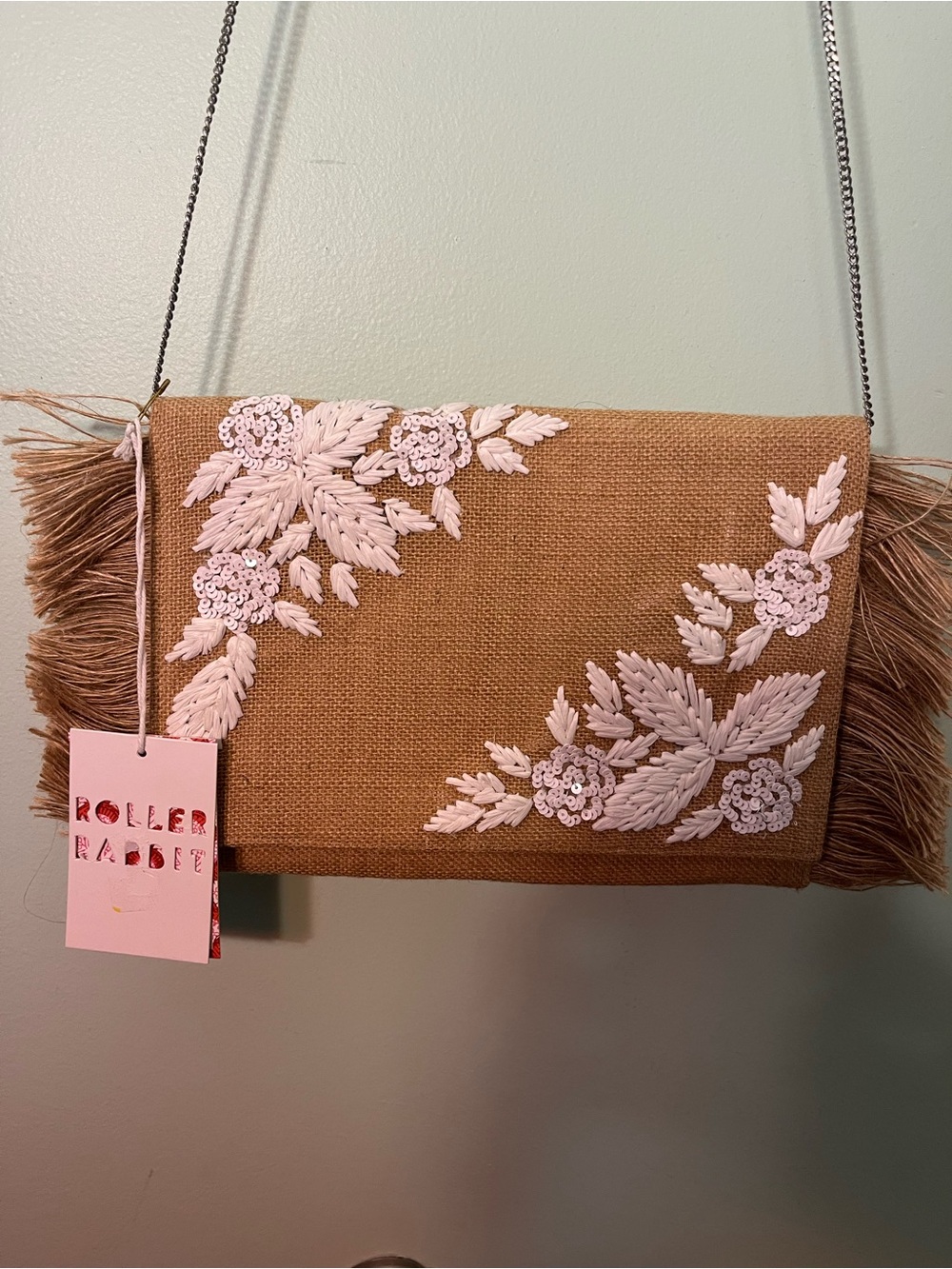 Roller Rabbit Tan Fringe Clutch with Pink Floral Embroidery